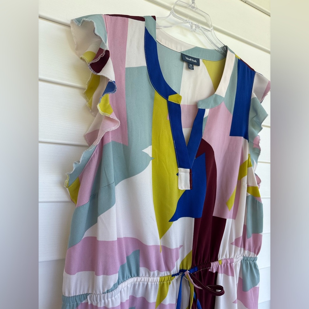 Modcloth As You Love It Blue and Yellow Abstract Ruffled Sleeve Dress Size 2X - Picture 4 of 5